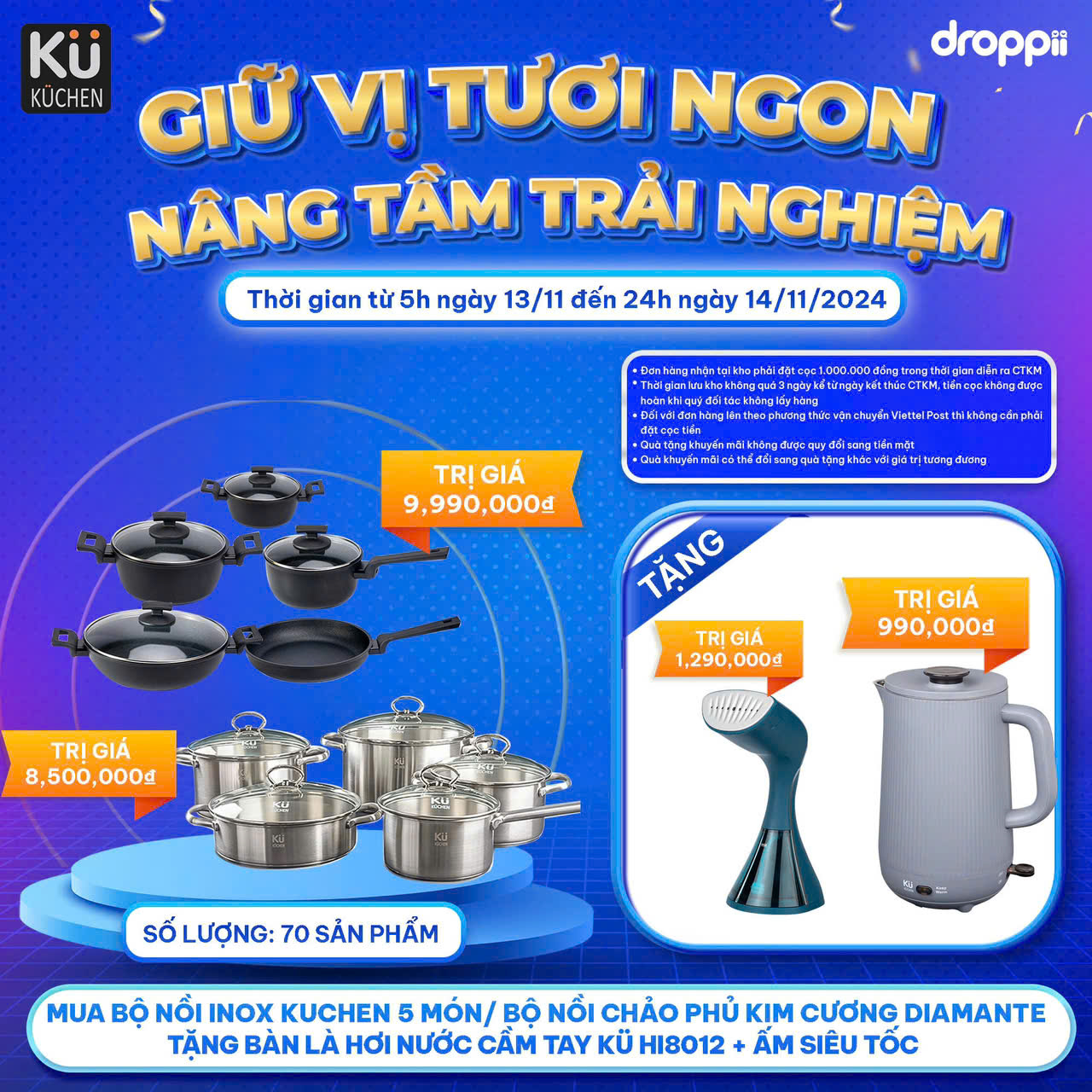 Set Bộ 5 nồi inox bề mặt sáng bóng, chống trầy xước và móp méo do va đập KUCHEN Korea (Hàn Quốc)